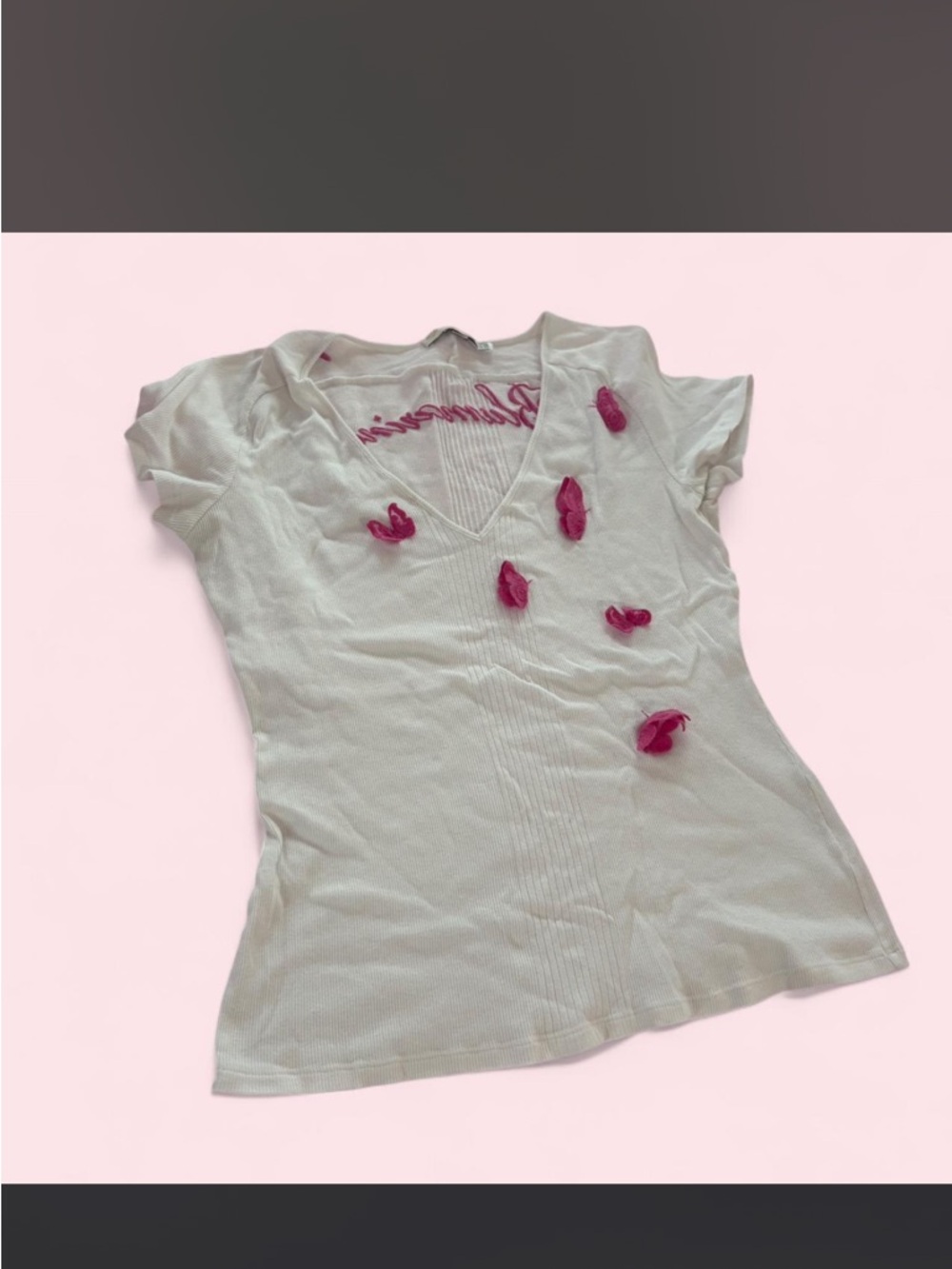 Blumarine White V-Neck Short Sleeve Top with Pink butterfly Appliqués